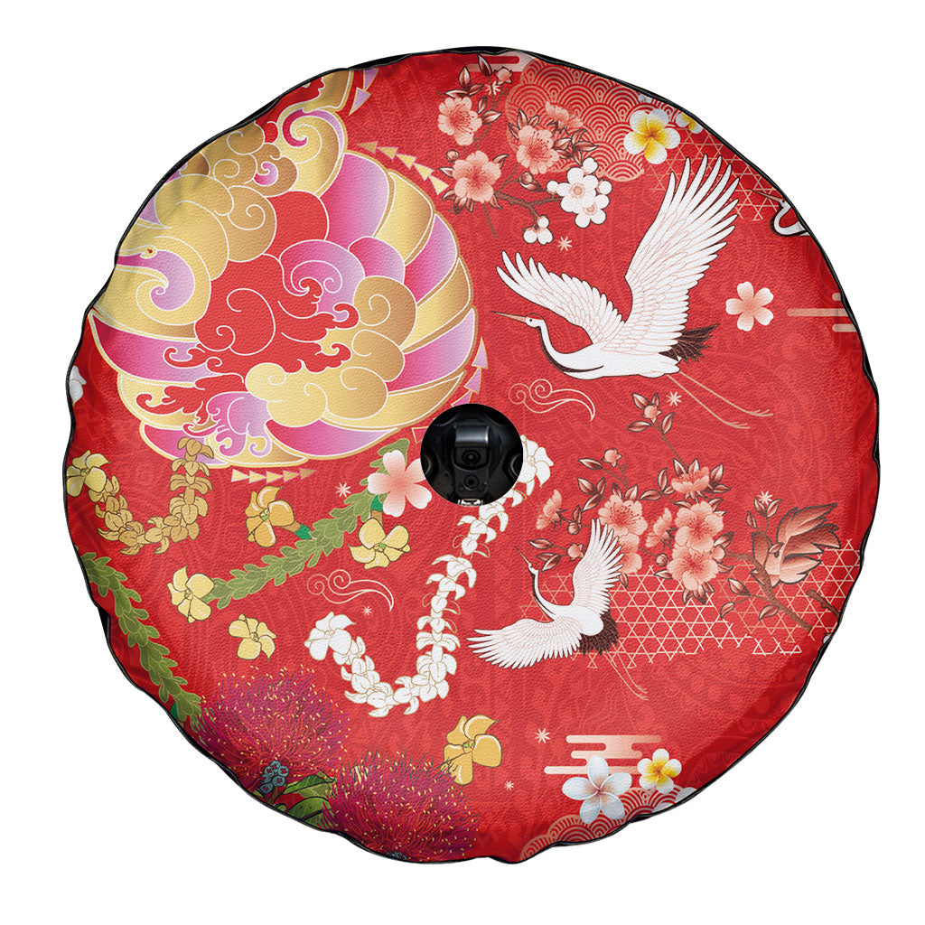 Hawaiian and Japanese Culture Together Spare Tire Cover Kakau Tribal Pattern and Irezumi Art Red Color LT03 - Polynesian Pride
