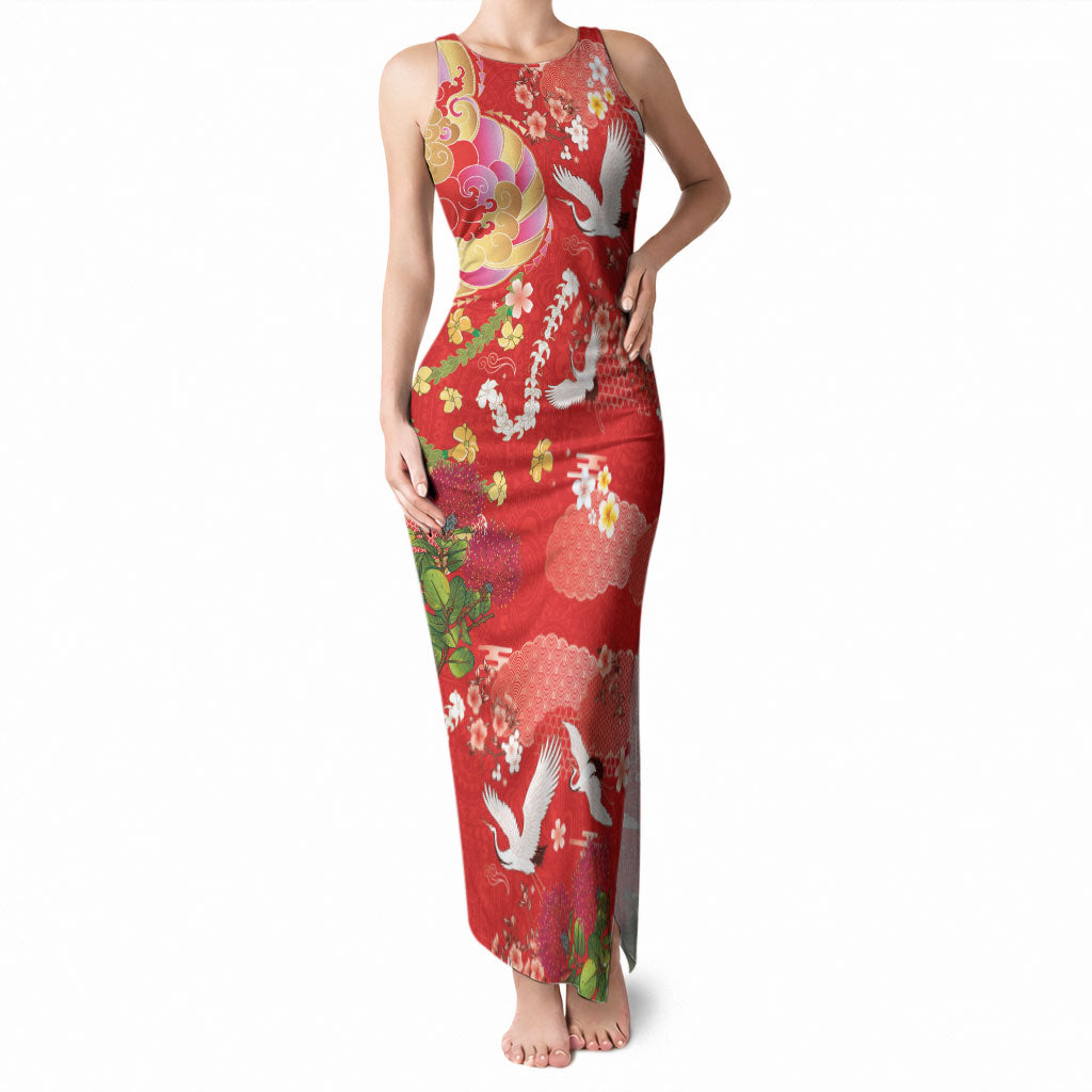 Hawaiian and Japanese Culture Together Tank Maxi Dress Kakau Tribal Pattern and Irezumi Art Red Color LT03 Women Red - Polynesian Pride