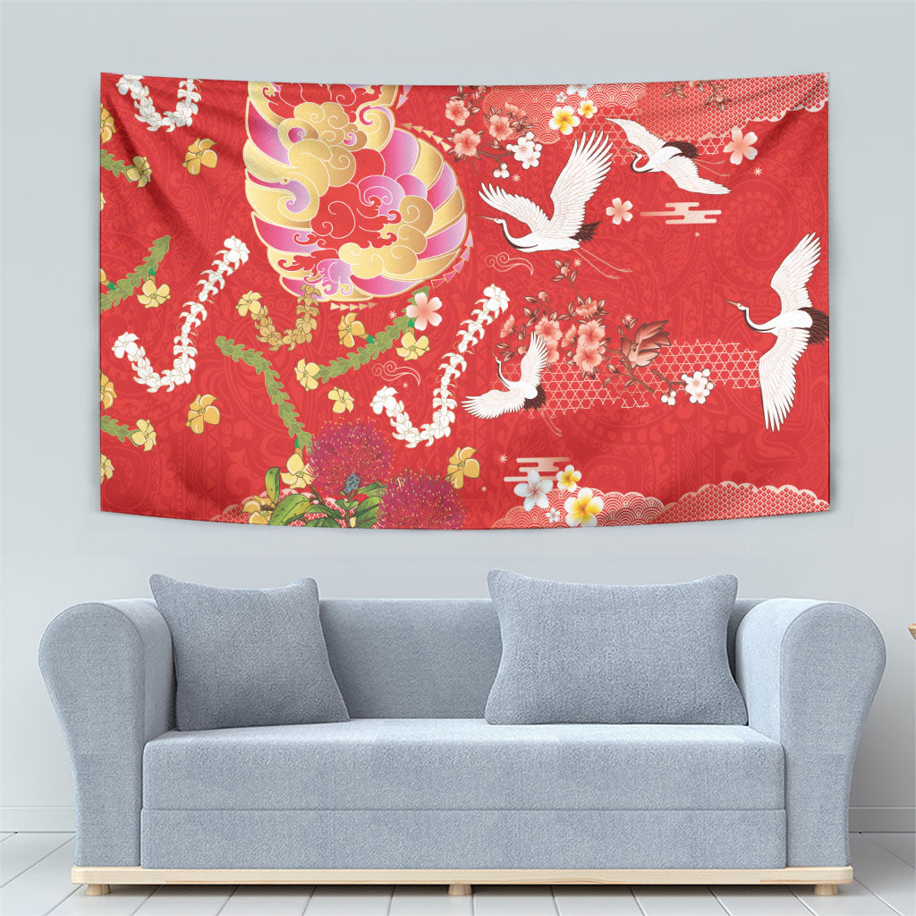 Hawaiian and Japanese Culture Together Tapestry Kakau Tribal Pattern and Irezumi Art Red Color LT03 - Polynesian Pride