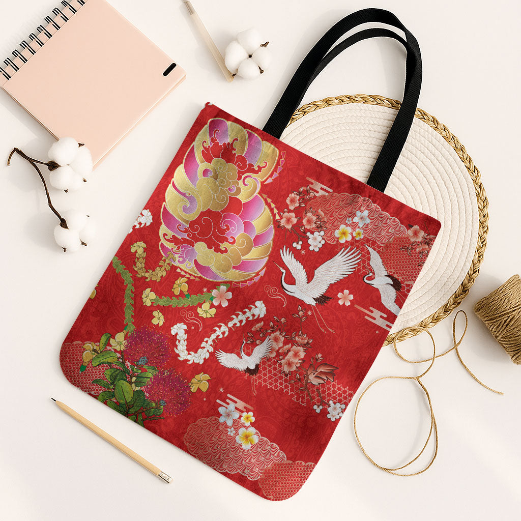 Hawaiian and Japanese Culture Together Tote Bag Kakau Tribal Pattern and Irezumi Art Red Color LT03 Black Strap One Size Red - Polynesian Pride