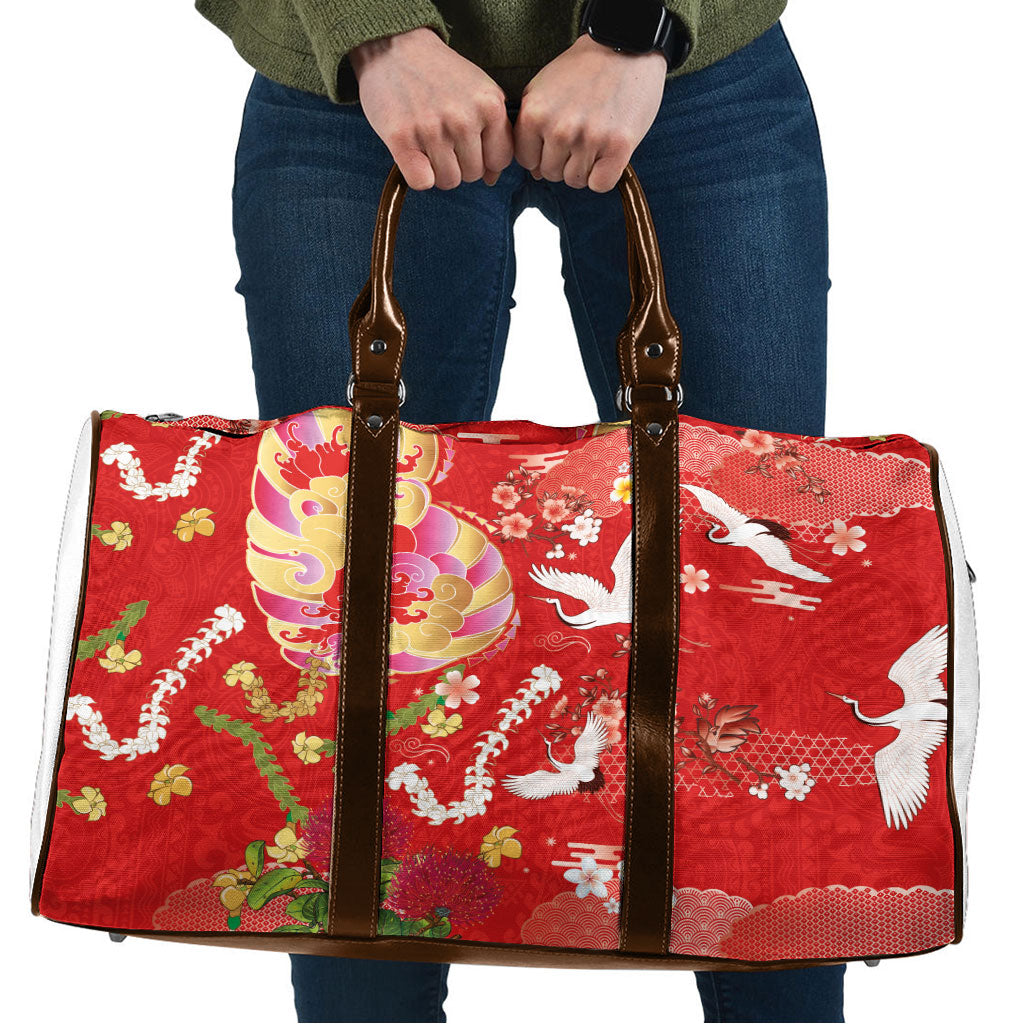 Hawaiian and Japanese Culture Together Travel Bag Kakau Tribal Pattern and Irezumi Art Red Color LT03 Red - Polynesian Pride
