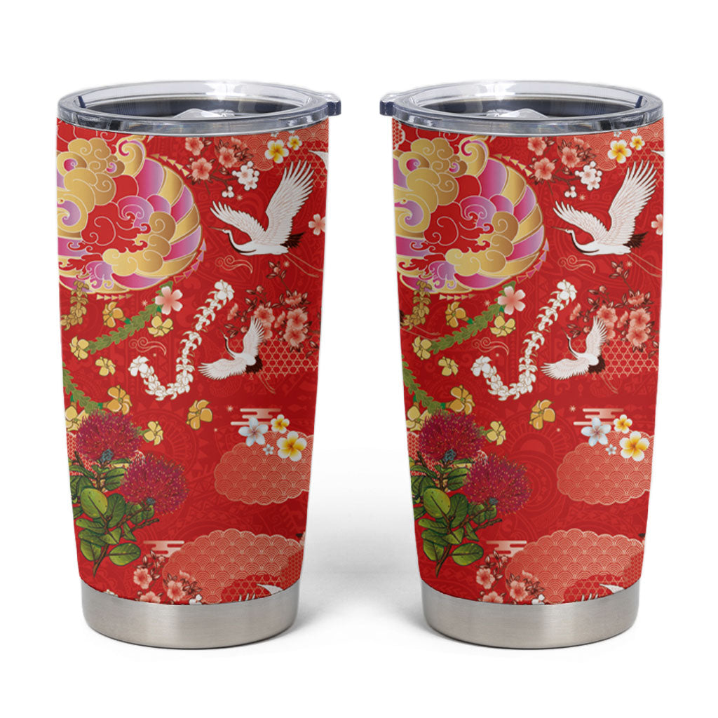 Hawaiian and Japanese Culture Together Tumbler Cup Kakau Tribal Pattern and Irezumi Art Red Color LT03 Red - Polynesian Pride