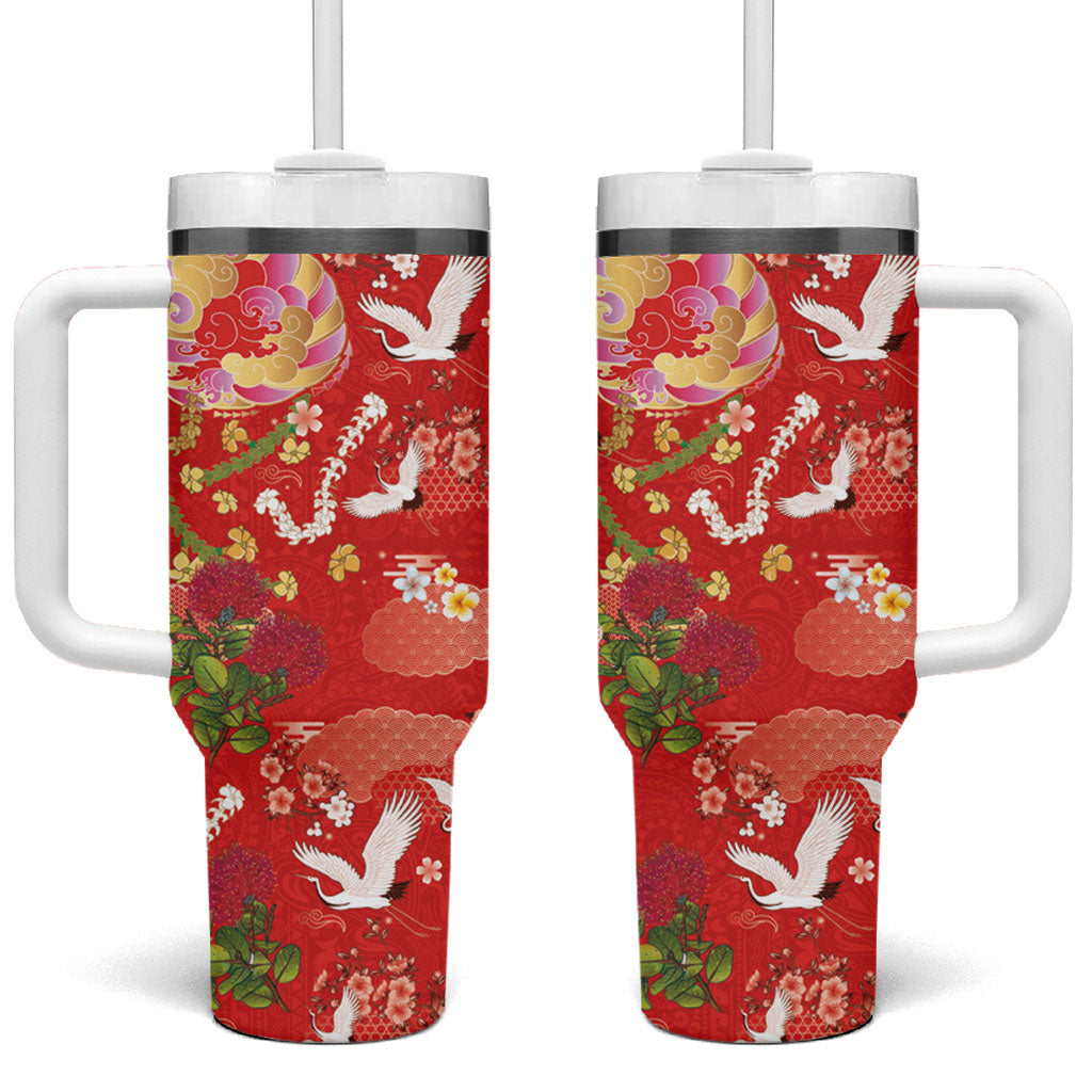 Hawaiian and Japanese Culture Together Tumbler With Handle Kakau Tribal Pattern and Irezumi Art Red Color LT03 One Size: 40 oz Red - Polynesian Pride