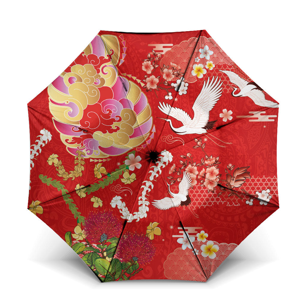 Hawaiian and Japanese Culture Together Umbrella Kakau Tribal Pattern and Irezumi Art Red Color LT03 One Size Folded 11.42 inch Opened Diameter 37.4 inch Red - Polynesian Pride