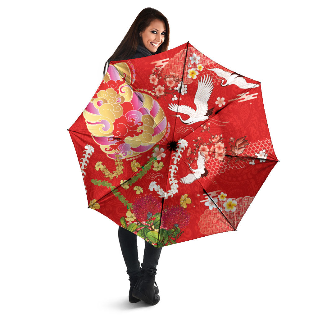 Hawaiian and Japanese Culture Together Umbrella Kakau Tribal Pattern and Irezumi Art Red Color LT03 - Polynesian Pride