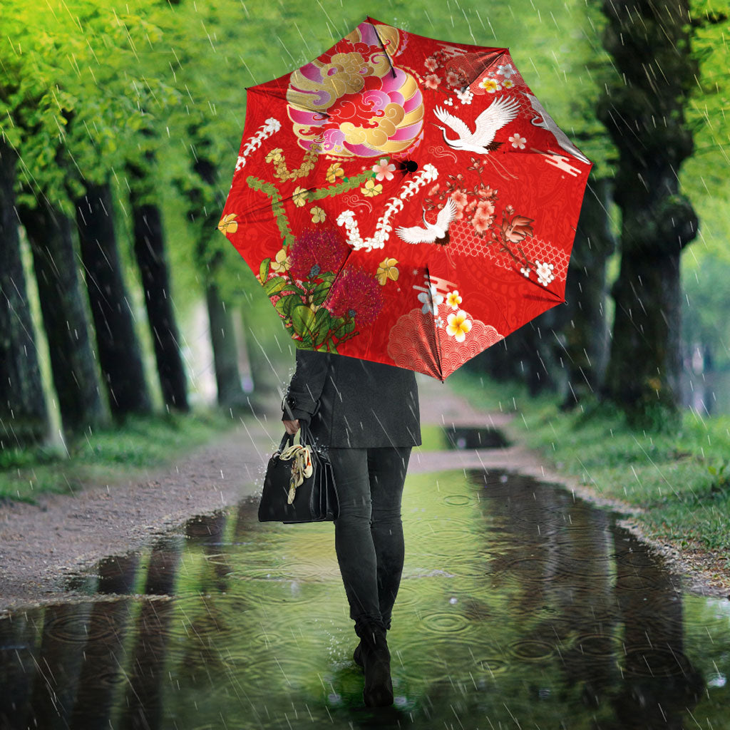 Hawaiian and Japanese Culture Together Umbrella Kakau Tribal Pattern and Irezumi Art Red Color LT03 - Polynesian Pride