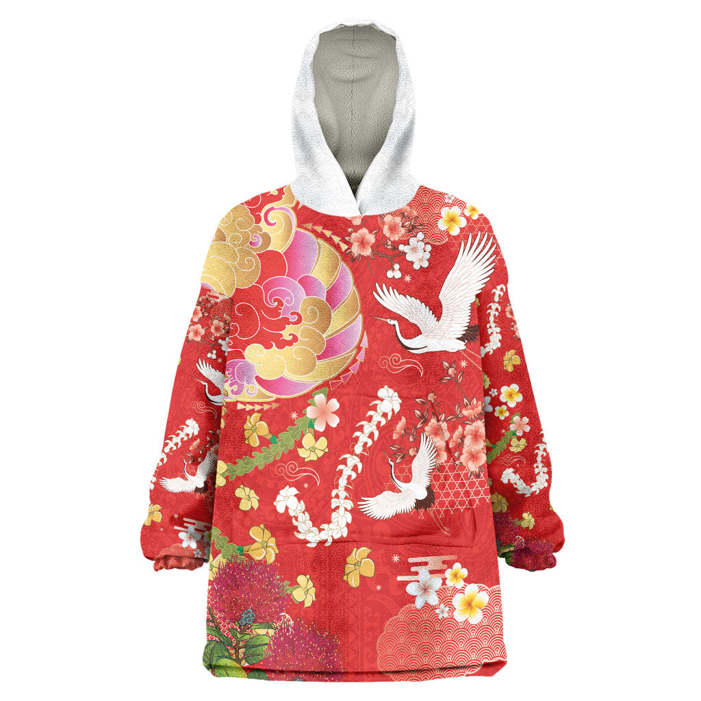 Hawaiian and Japanese Culture Together Wearable Blanket Hoodie Kakau Tribal Pattern and Irezumi Art Red Color LT03 One Size Red - Polynesian Pride