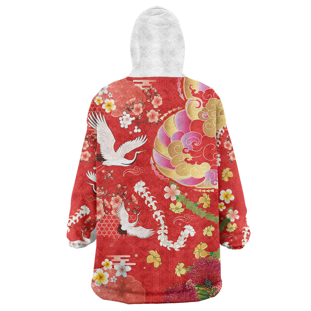 Hawaiian and Japanese Culture Together Wearable Blanket Hoodie Kakau Tribal Pattern and Irezumi Art Red Color