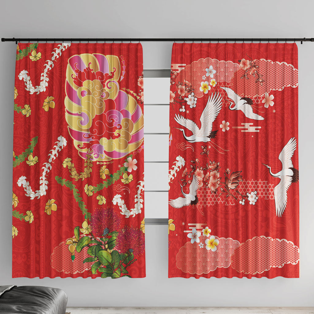 Hawaiian and Japanese Culture Together Window Curtain Kakau Tribal Pattern and Irezumi Art Red Color LT03 With Hooks Red - Polynesian Pride
