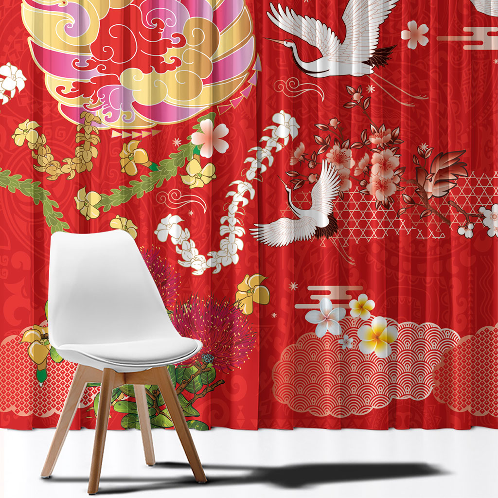Hawaiian and Japanese Culture Together Window Curtain Kakau Tribal Pattern and Irezumi Art Red Color LT03 - Polynesian Pride