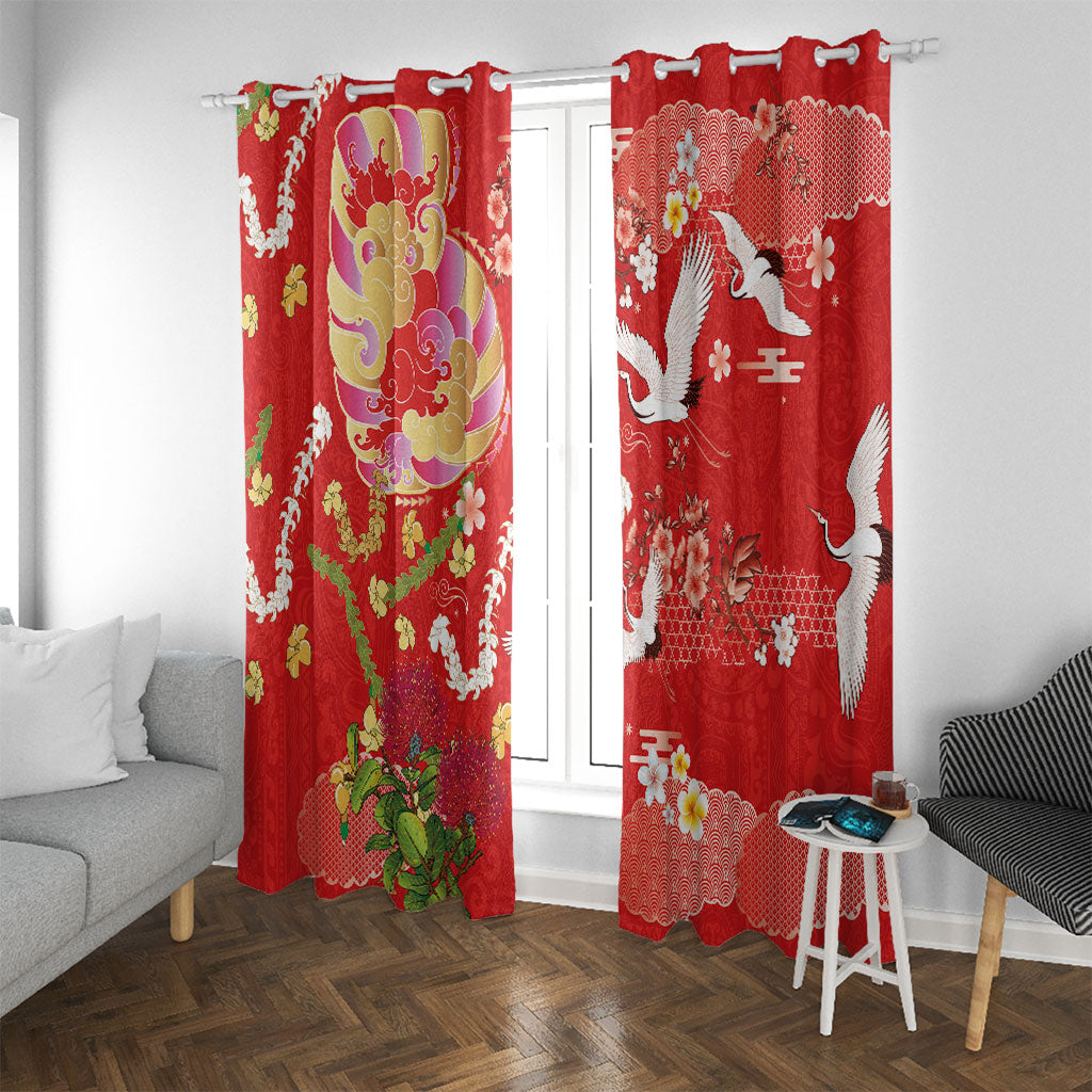 Hawaiian and Japanese Culture Together Window Curtain Kakau Tribal Pattern and Irezumi Art Red Color LT03 With Grommets Red - Polynesian Pride