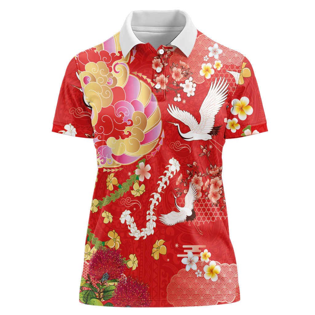 Hawaiian and Japanese Culture Together Women Polo Shirt Kakau Tribal Pattern and Irezumi Art Red Color LT03 Female Red - Polynesian Pride