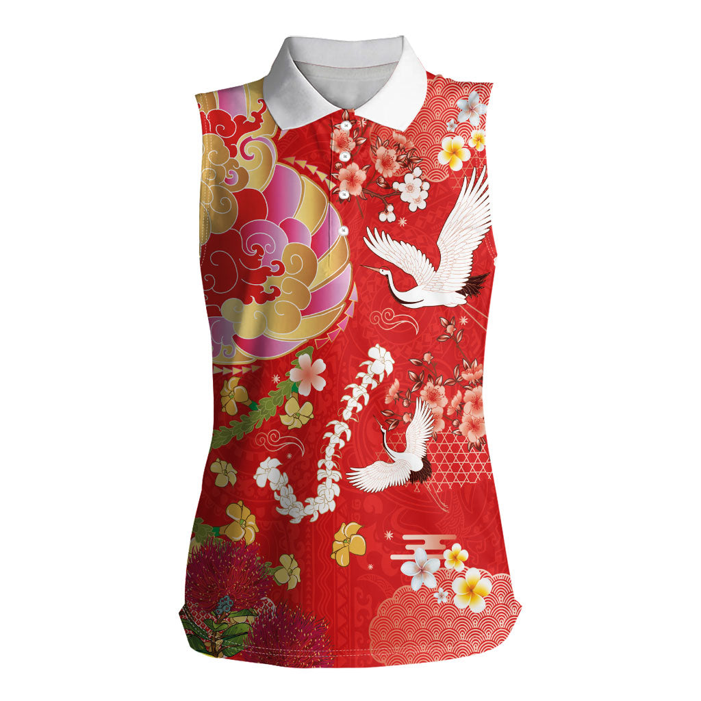 Hawaiian and Japanese Culture Together Women Sleeveless Polo Shirt Kakau Tribal Pattern and Irezumi Art Red Color LT03 Female Red - Polynesian Pride
