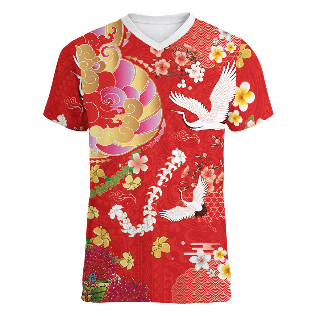 Hawaiian and Japanese Culture Together Women V-Neck T-Shirt Kakau Tribal Pattern and Irezumi Art Red Color LT03 Female Red - Polynesian Pride