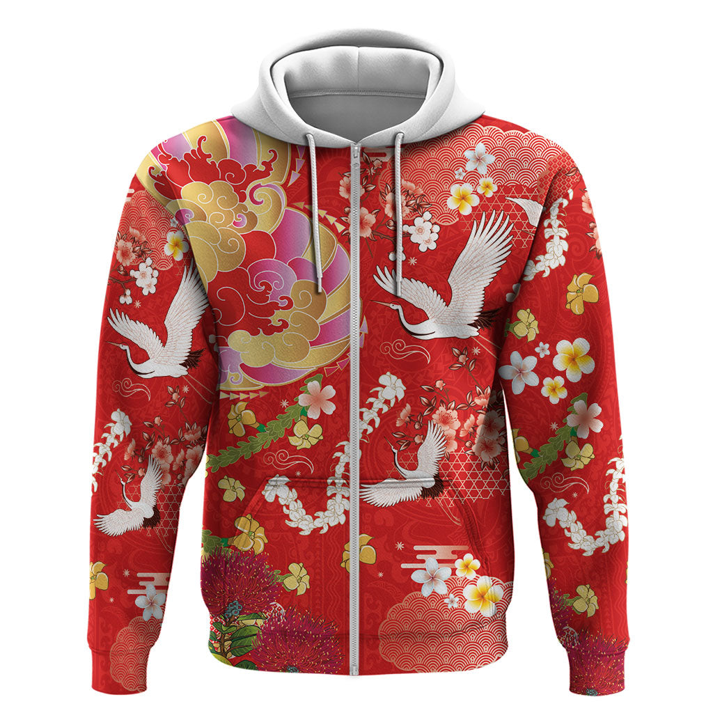 Hawaiian and Japanese Culture Together Zip Hoodie Kakau Tribal Pattern and Irezumi Art Red Color LT03 Zip Hoodie Red - Polynesian Pride