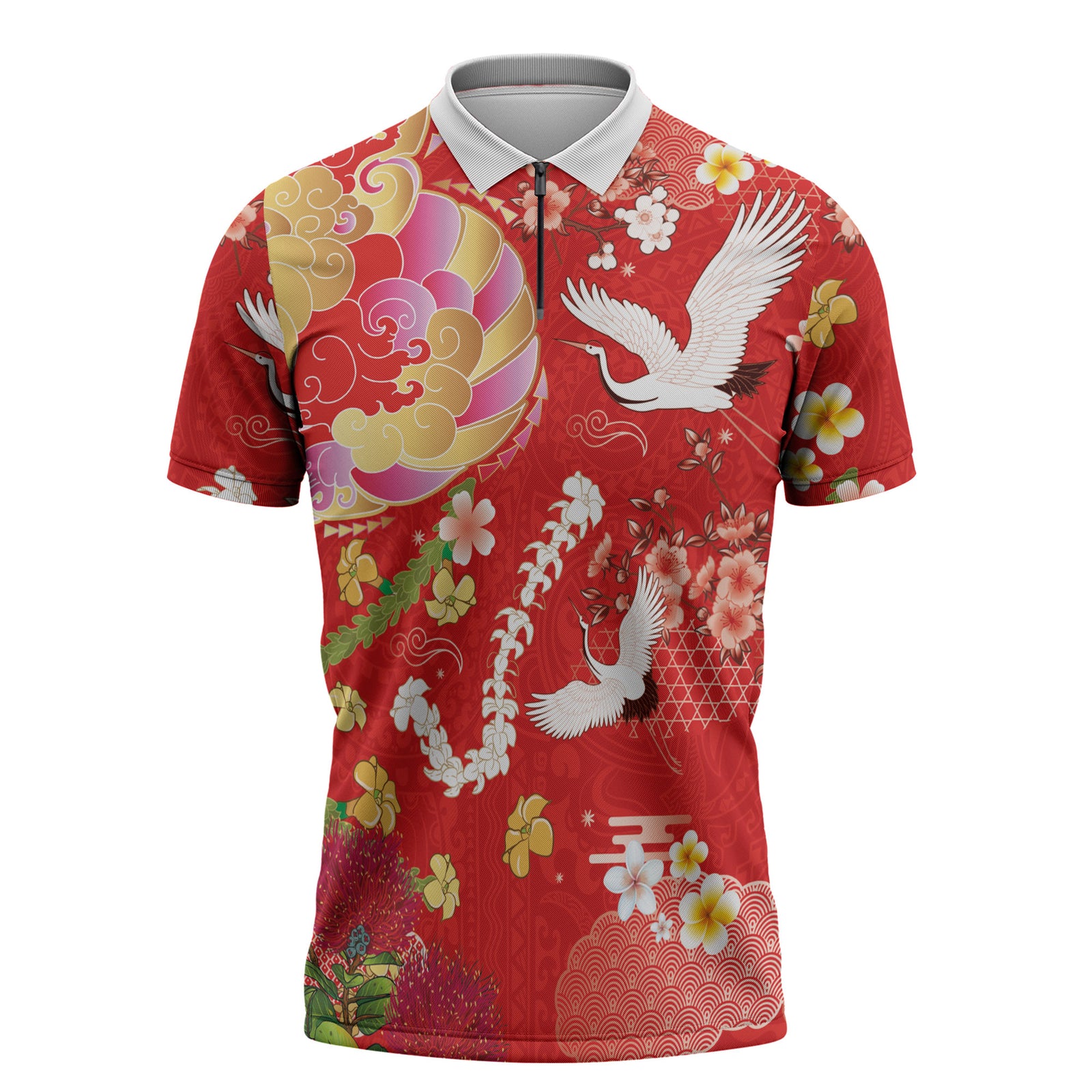 Hawaiian and Japanese Culture Together Zipper Polo Shirt Kakau Tribal Pattern and Irezumi Art Red Color LT03 Red - Polynesian Pride