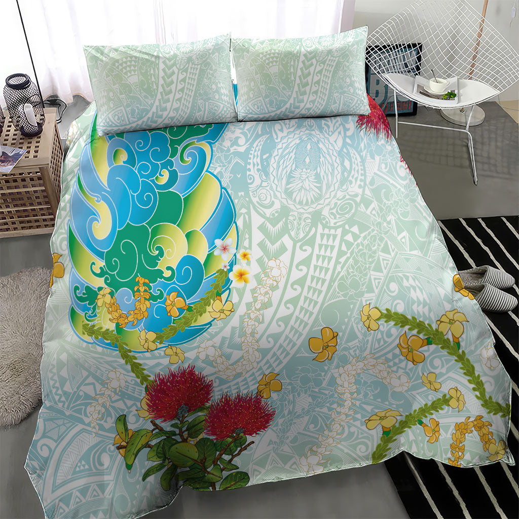 Japanese and Hawaiian Culture Fusion Bedding Set Irezumi with Turtles and Lei Kakau Pattern Fresh Vibe LT03 - Polynesian Pride