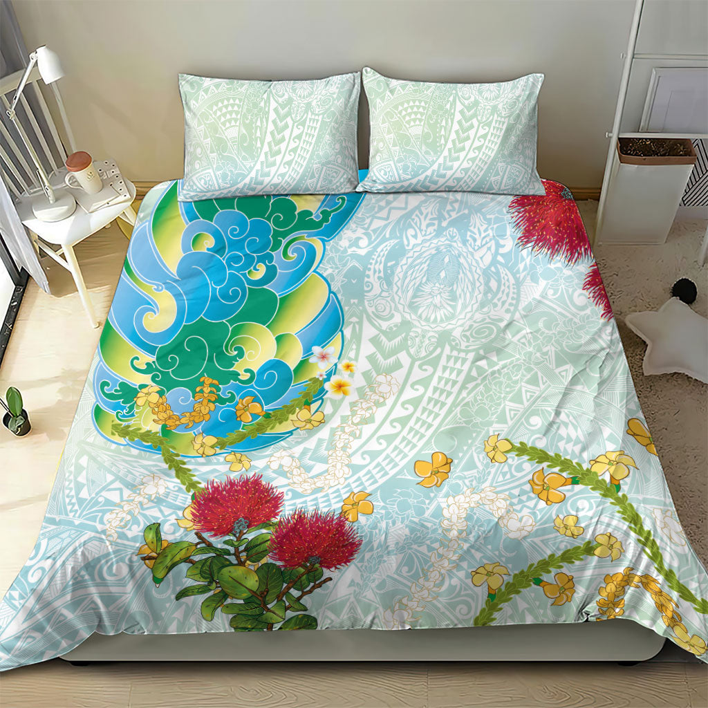 Japanese and Hawaiian Culture Fusion Bedding Set Irezumi with Turtles and Lei Kakau Pattern Fresh Vibe LT03 - Polynesian Pride
