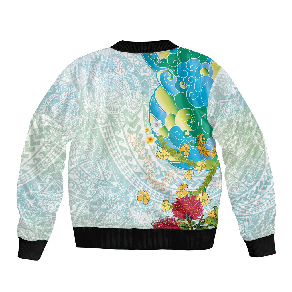 Japanese and Hawaiian Culture Fusion Bomber Jacket Irezumi with Turtles and Lei Kakau Pattern Fresh Vibe LT03 - Polynesian Pride
