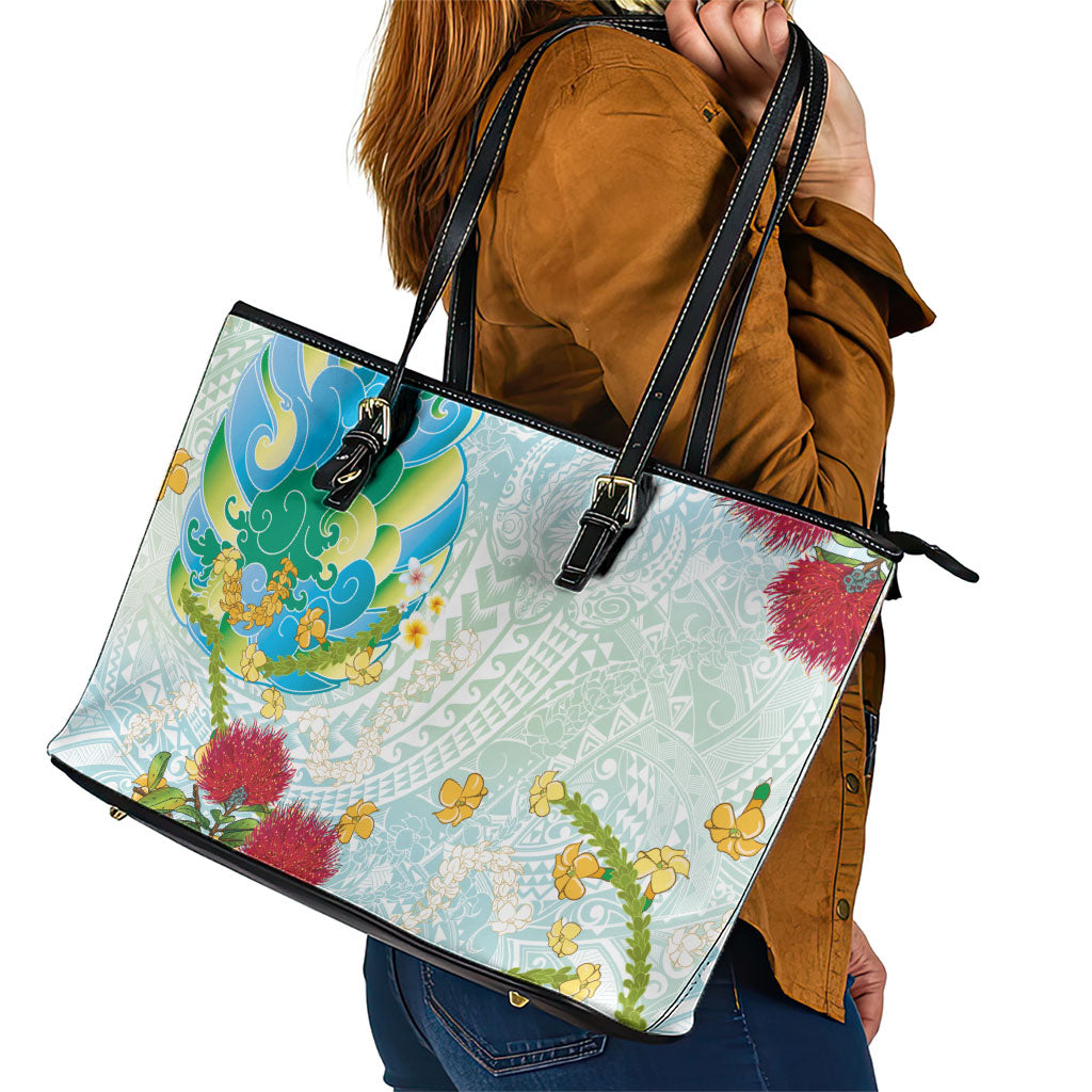 Japanese and Hawaiian Culture Fusion Leather Tote Bag Irezumi with Turtles and Lei Kakau Pattern Fresh Vibe LT03 - Polynesian Pride