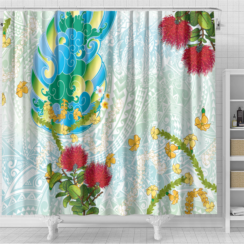 Japanese and Hawaiian Culture Fusion Shower Curtain Irezumi with Turtles and Lei Kakau Pattern Fresh Vibe LT03 - Polynesian Pride