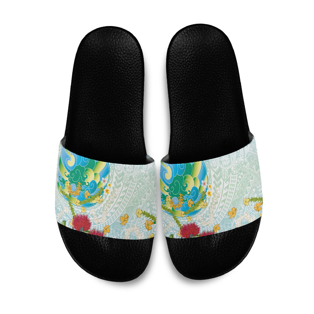 Japanese and Hawaiian Culture Fusion Slide Sandals Irezumi with Turtles and Lei Kakau Pattern Fresh Vibe LT03 Multicolor - Polynesian Pride