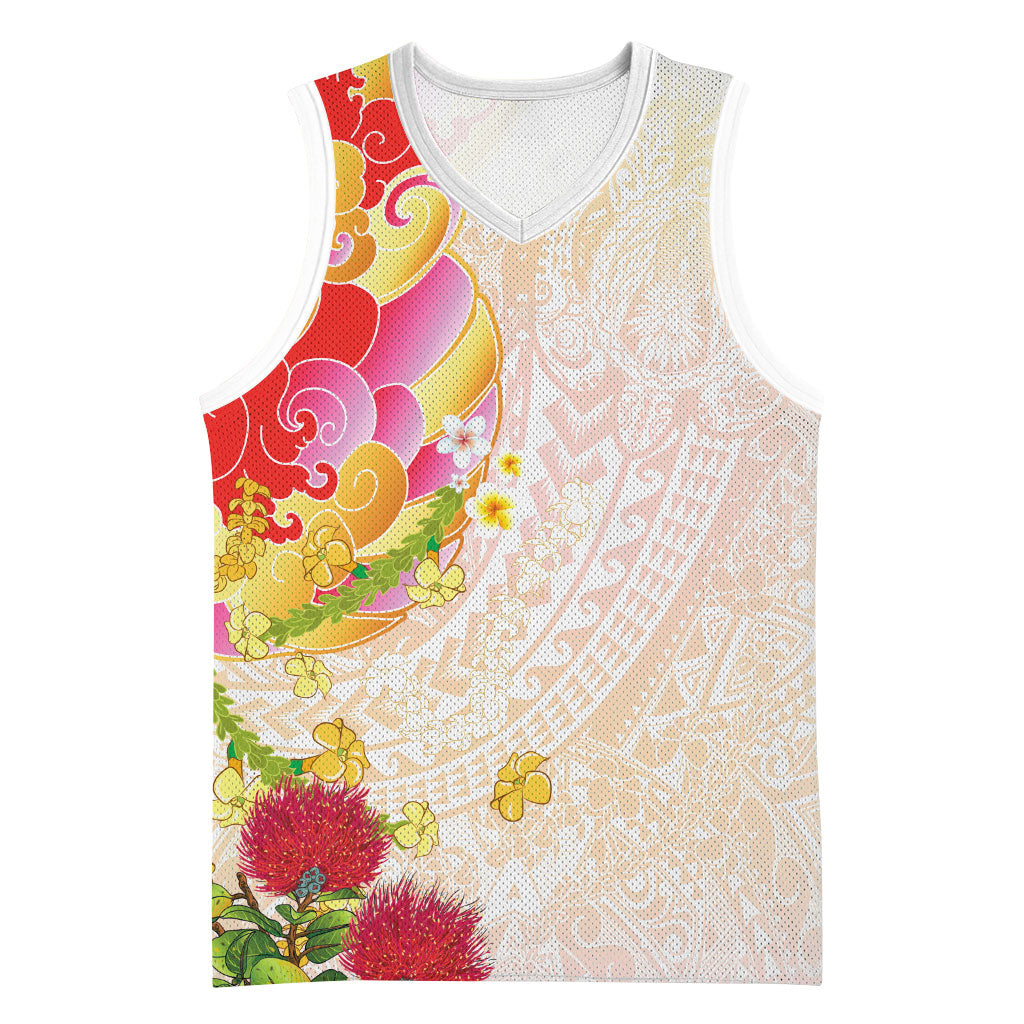 Japanese and Hawaiian Culture Fusion Basketball Jersey Irezumi with Turtles and Lei Kakau Pattern Sunset Vibe LT03 Unisex Multicolor - Polynesian Pride