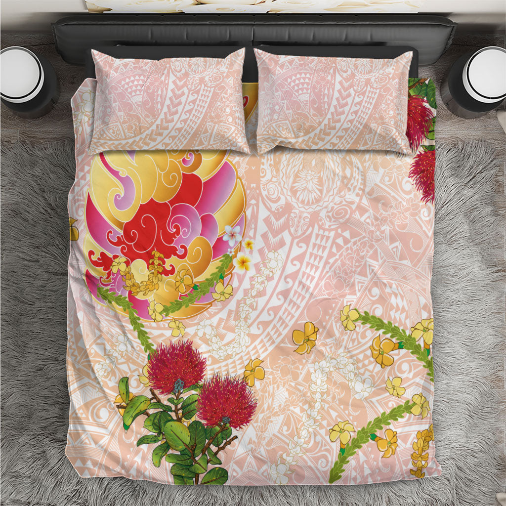 Japanese and Hawaiian Culture Fusion Bedding Set Irezumi with Turtles and Lei Kakau Pattern Sunset Vibe LT03 Multicolor - Polynesian Pride