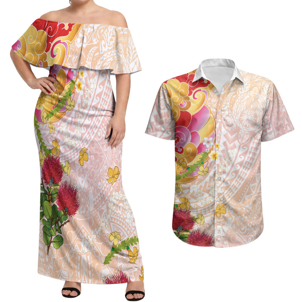 Japanese and Hawaiian Culture Fusion Couples Matching Off Shoulder Maxi Dress and Hawaiian Shirt Irezumi with Turtles and Lei Kakau Pattern Sunset Vibe LT03 Multicolor - Polynesian Pride