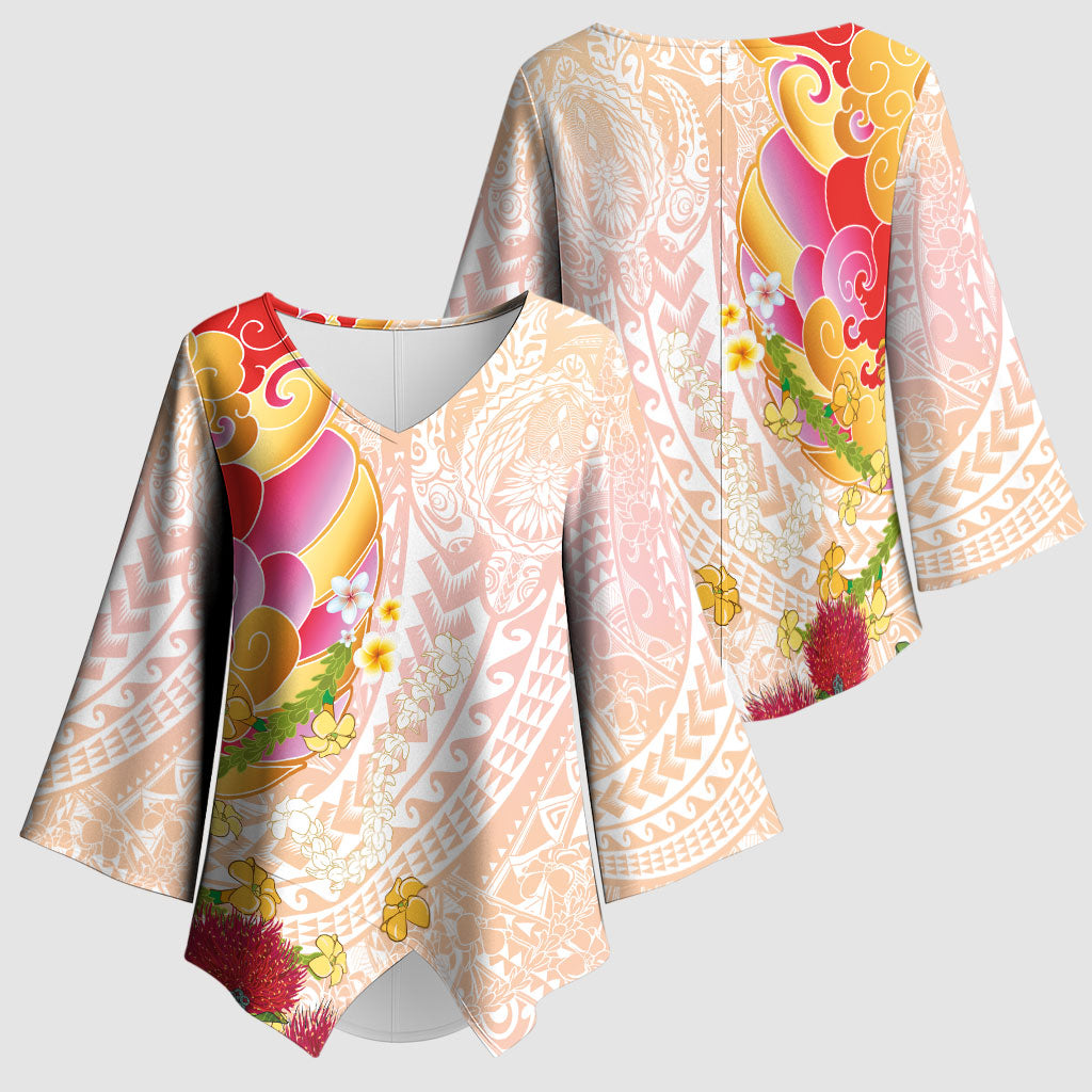 Japanese and Hawaiian Culture Fusion Kimono Sleeve Blouse Irezumi with Turtles and Lei Kakau Pattern Sunset Vibe LT03 - Polynesian Pride