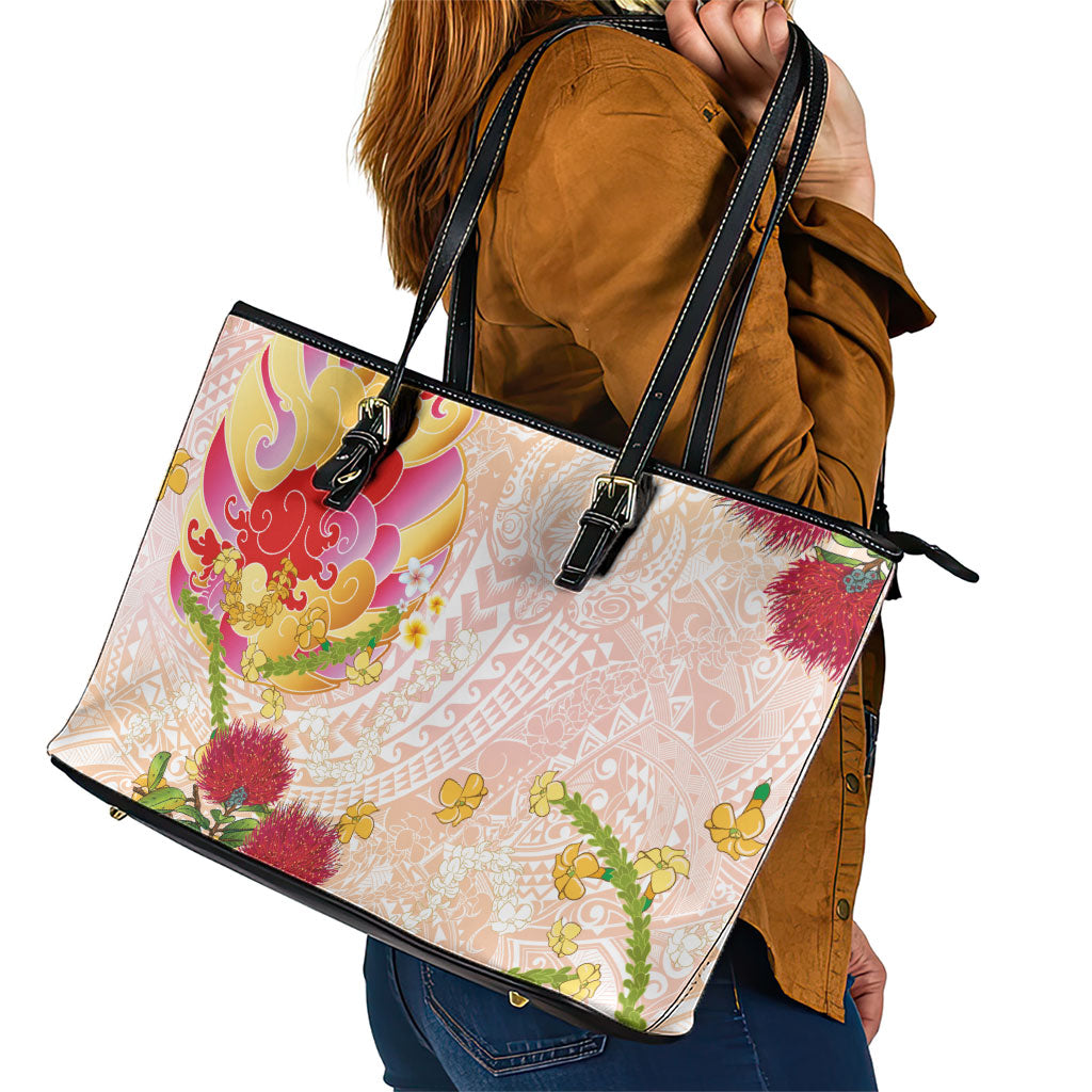 Japanese and Hawaiian Culture Fusion Leather Tote Bag Irezumi with Turtles and Lei Kakau Pattern Sunset Vibe LT03 - Polynesian Pride