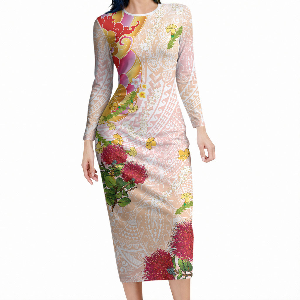 Japanese and Hawaiian Culture Fusion Long Sleeve Bodycon Dress Irezumi with Turtles and Lei Kakau Pattern Sunset Vibe LT03 Long Dress Multicolor - Polynesian Pride