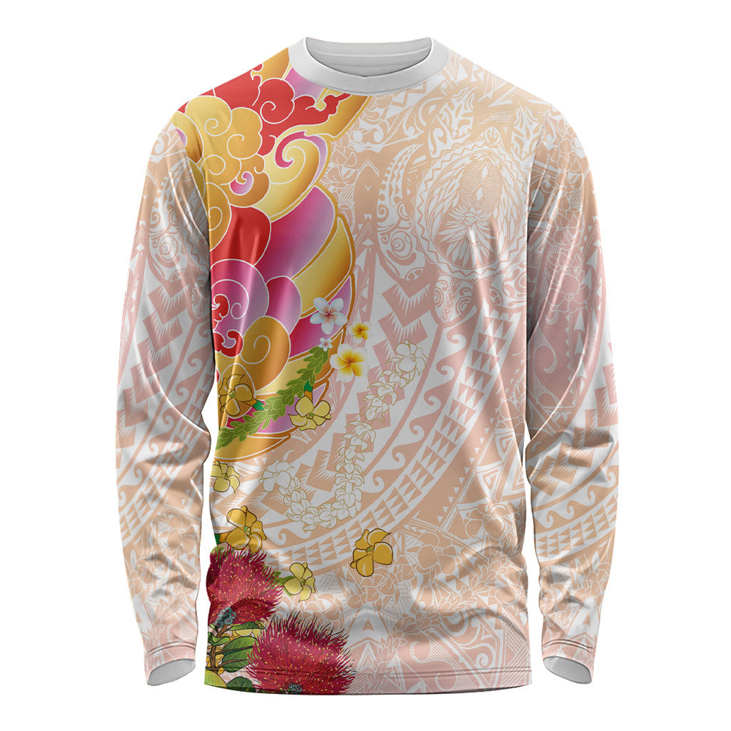 Japanese and Hawaiian Culture Fusion Long Sleeve Shirt Irezumi with Turtles and Lei Kakau Pattern Sunset Vibe LT03 Unisex Multicolor - Polynesian Pride
