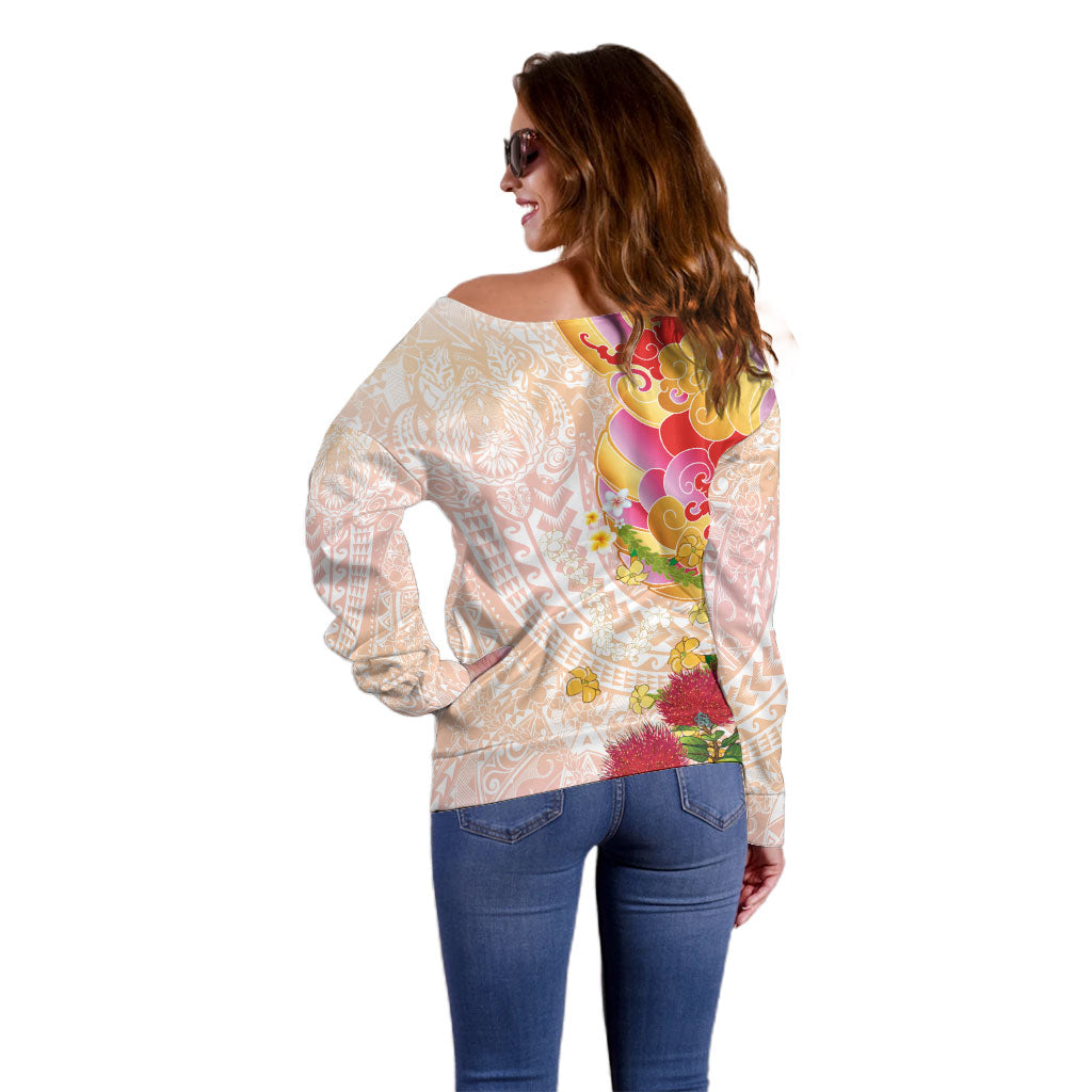 Japanese and Hawaiian Culture Fusion Off Shoulder Sweater Irezumi with Turtles and Lei Kakau Pattern Sunset Vibe LT03 - Polynesian Pride