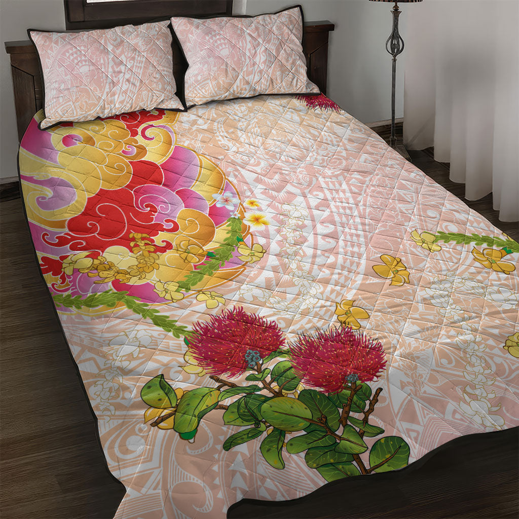 Japanese and Hawaiian Culture Fusion Quilt Bed Set Irezumi with Turtles and Lei Kakau Pattern Sunset Vibe LT03 Multicolor - Polynesian Pride