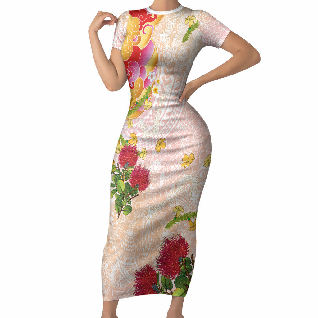 Japanese and Hawaiian Culture Fusion Short Sleeve Bodycon Dress Irezumi with Turtles and Lei Kakau Pattern Sunset Vibe LT03 Long Dress Multicolor - Polynesian Pride