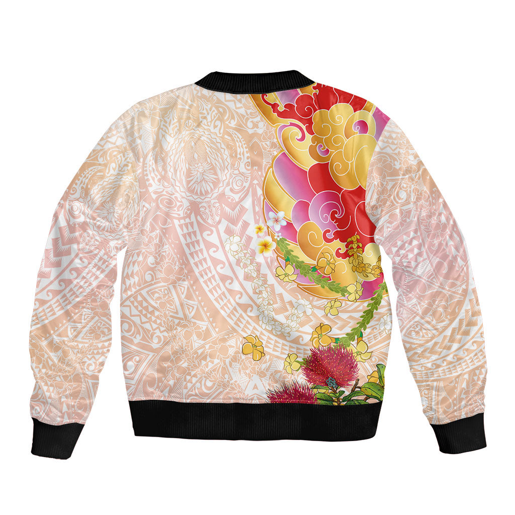Japanese and Hawaiian Culture Fusion Sleeve Zip Bomber Jacket Irezumi with Turtles and Lei Kakau Pattern Sunset Vibe LT03 - Polynesian Pride