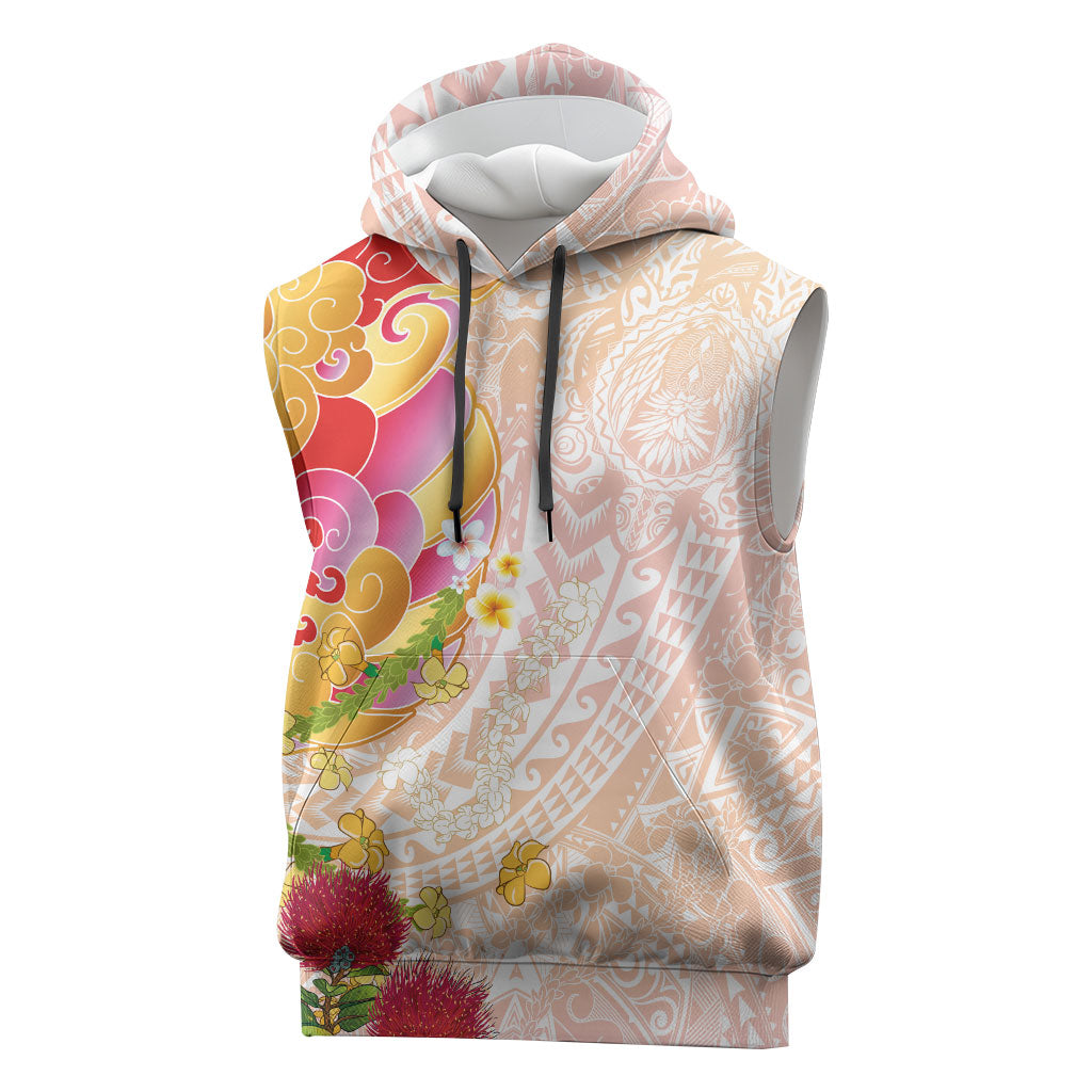 Japanese and Hawaiian Culture Fusion Sleeveless Hoodie Irezumi with Turtles and Lei Kakau Pattern Sunset Vibe LT03 Multicolor - Polynesian Pride