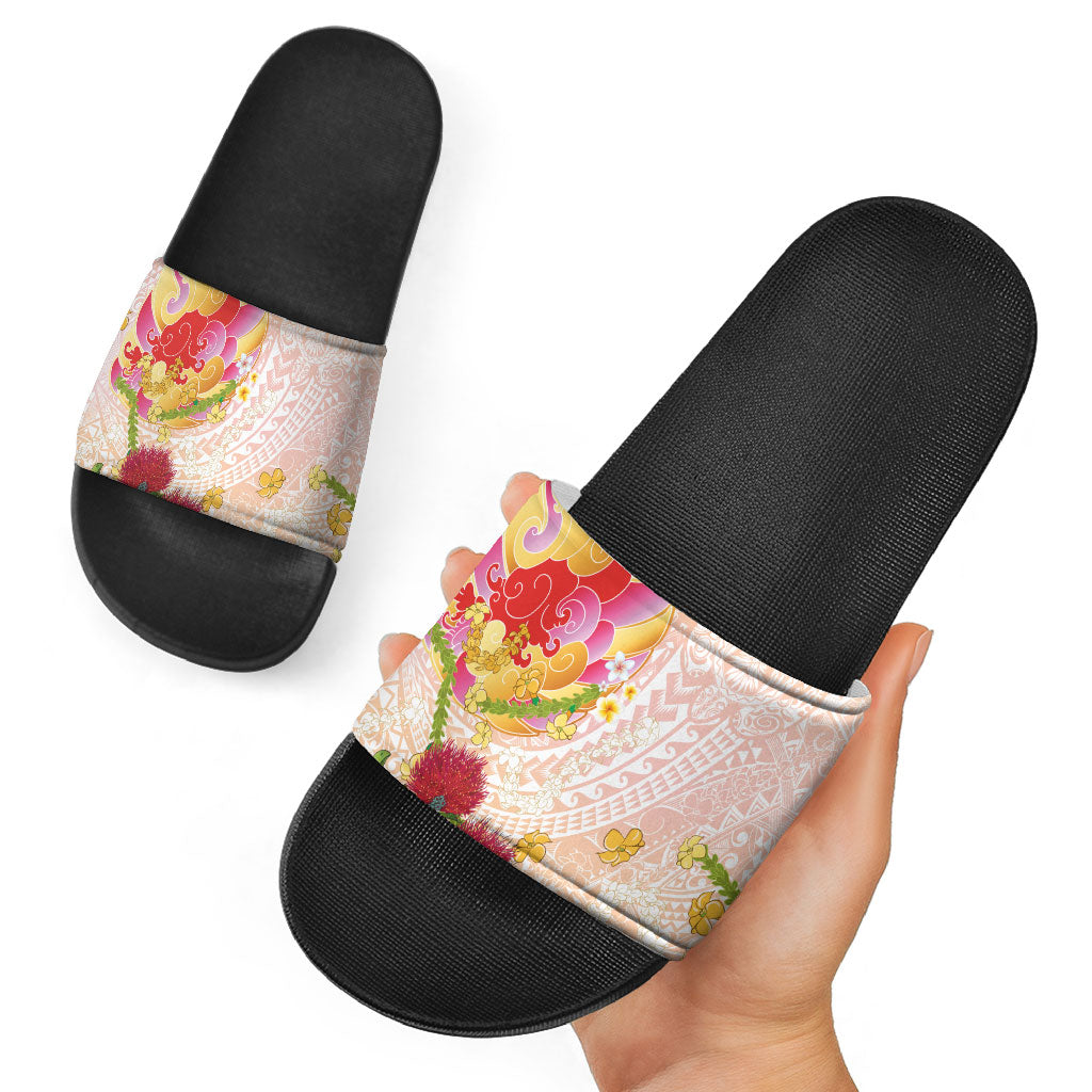 Japanese and Hawaiian Culture Fusion Slide Sandals Irezumi with Turtles and Lei Kakau Pattern Sunset Vibe LT03 - Polynesian Pride