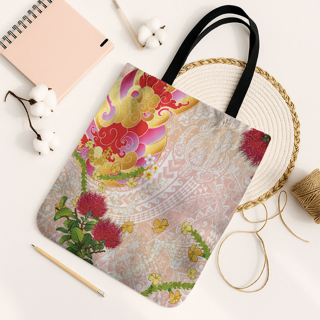 Japanese and Hawaiian Culture Fusion Tote Bag Irezumi with Turtles and Lei Kakau Pattern Sunset Vibe LT03 Black Strap One Size Multicolor - Polynesian Pride