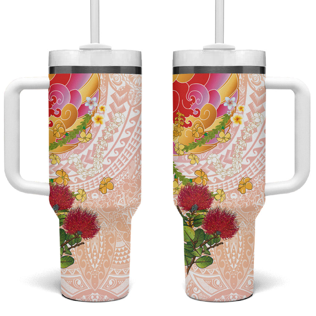 Japanese and Hawaiian Culture Fusion Tumbler With Handle Irezumi with Turtles and Lei Kakau Pattern Sunset Vibe LT03 One Size: 40 oz Multicolor - Polynesian Pride