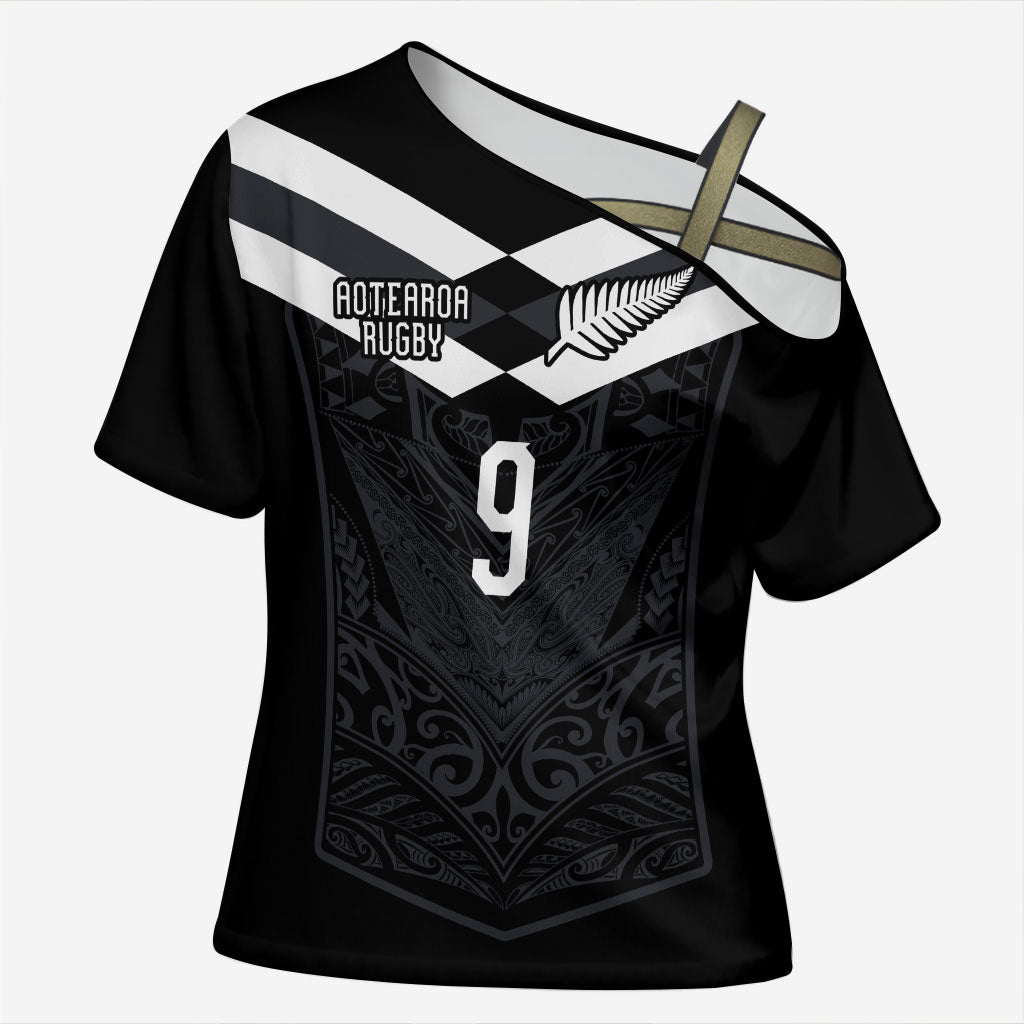 Aotearoa Rugby Custom Cross Shoulder Shirt Maori Tribal Motifs Stripes-Sporty Style LT03 Female Black - Polynesian Pride