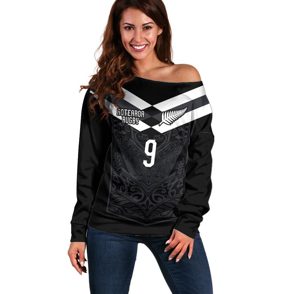 Aotearoa Rugby Custom Off Shoulder Sweater Maori Tribal Motifs Stripes-Sporty Style LT03 Women Black - Polynesian Pride