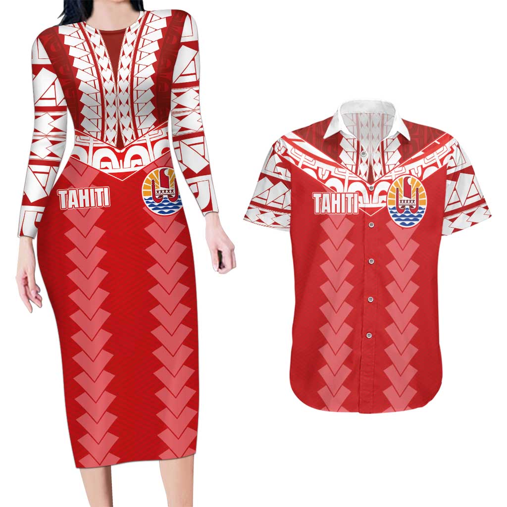 Custom Tahiti Football Polynesian Pattern Couples Matching Long Sleeve Bodycon Dress and Hawaiian Shirt LT03 Red - Polynesian Pride