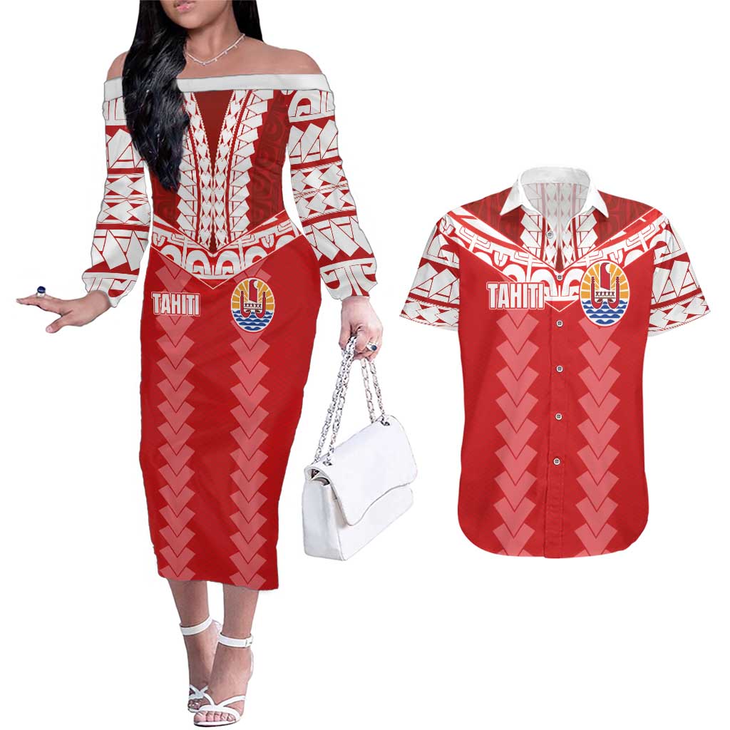 Custom Tahiti Football Polynesian Pattern Couples Matching Off The Shoulder Long Sleeve Dress and Hawaiian Shirt LT03 Red - Polynesian Pride