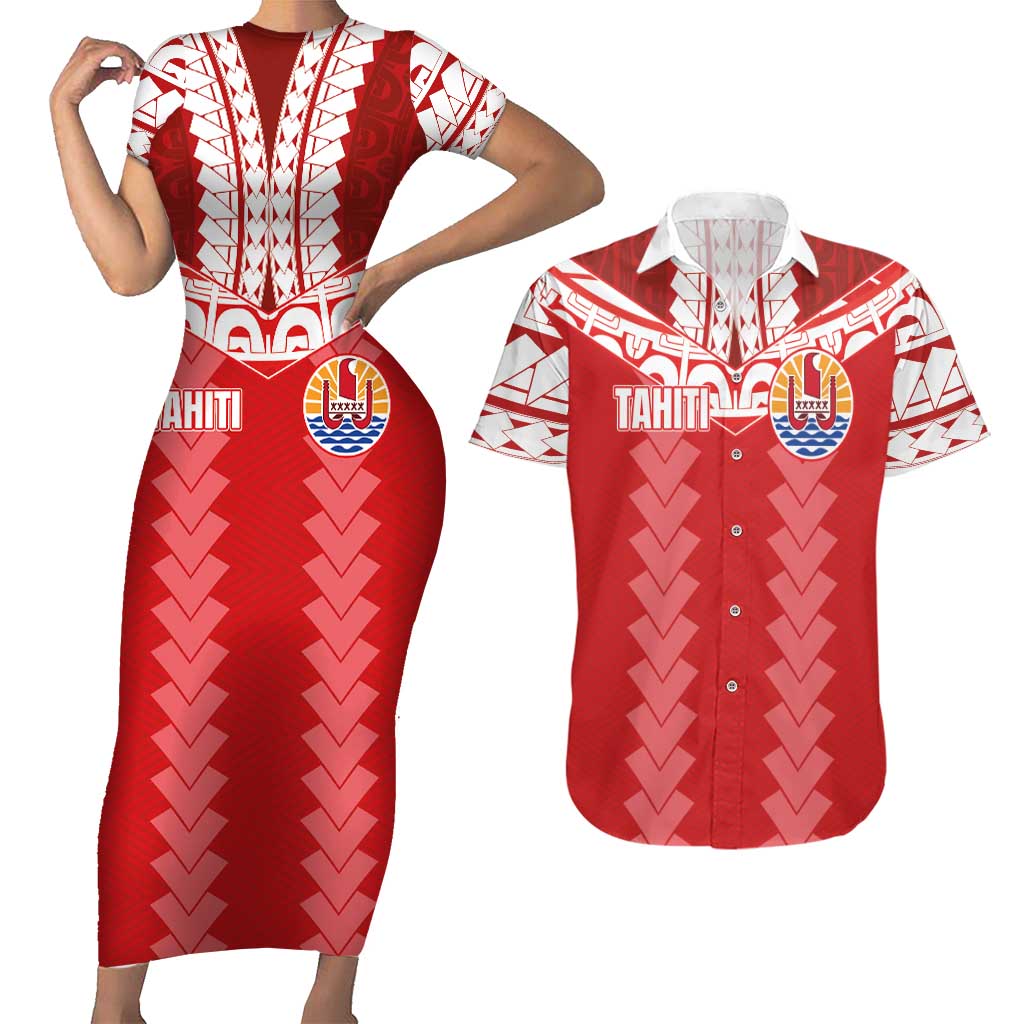 Custom Tahiti Football Polynesian Pattern Couples Matching Short Sleeve Bodycon Dress and Hawaiian Shirt LT03 Red - Polynesian Pride