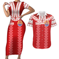 Custom Tahiti Football Polynesian Pattern Couples Matching Short Sleeve Bodycon Dress and Hawaiian Shirt LT03 Red - Polynesian Pride