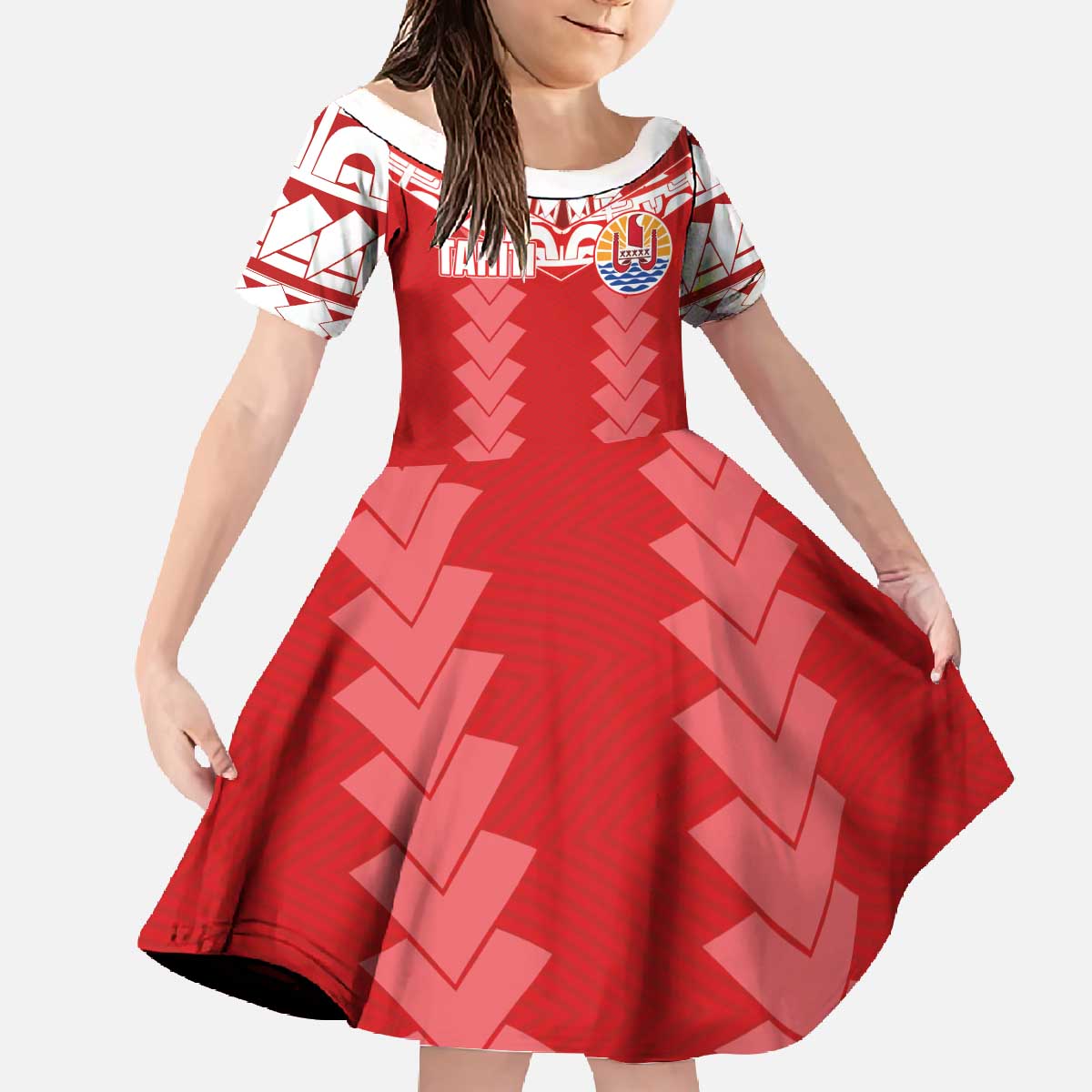 Custom Tahiti Football Polynesian Pattern Family Matching Off The Shoulder Long Sleeve Dress and Hawaiian Shirt LT03 Daughter's Dress Red - Polynesian Pride