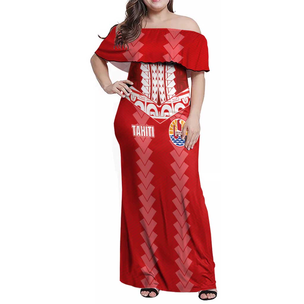 Custom Tahiti Football Polynesian Pattern Family Matching Off Shoulder Maxi Dress and Hawaiian Shirt LT03 Mom's Dress Red - Polynesian Pride