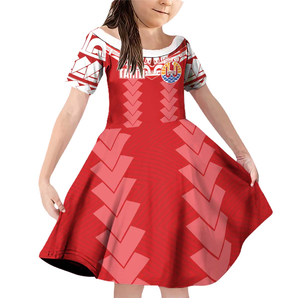 Custom Tahiti Football Polynesian Pattern Family Matching Off Shoulder Short Dress and Hawaiian Shirt LT03 Daughter's Dress Red - Polynesian Pride